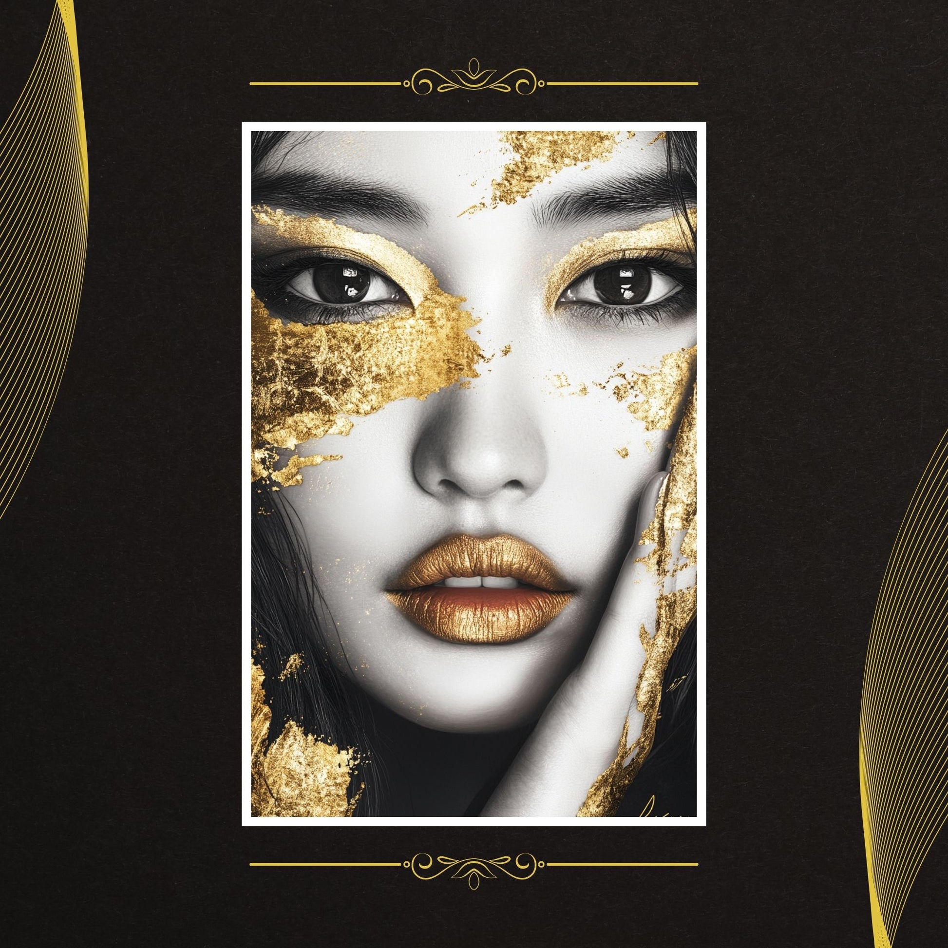 Elegant black and white art with gold brushstrokes highlighting facial features