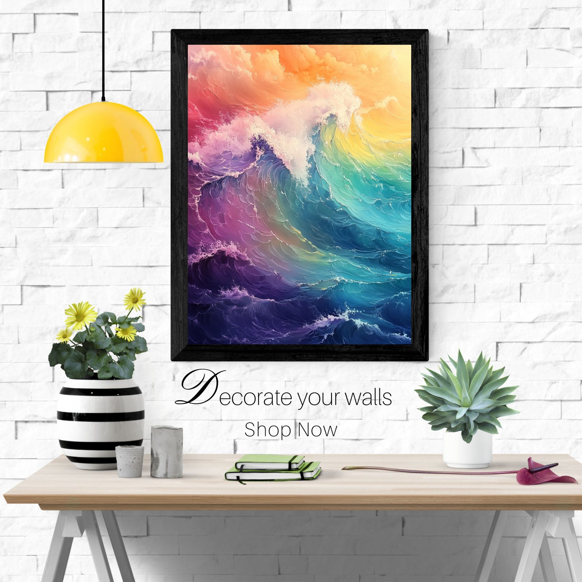 Vibrant waves of rainbow colors in an abstract ocean painting