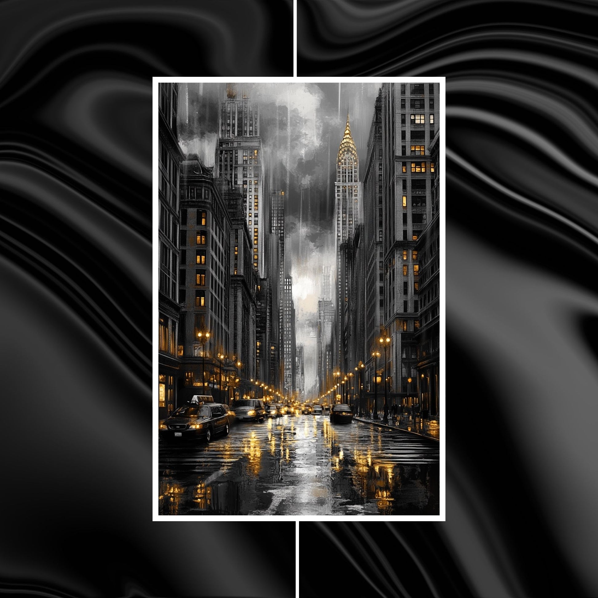 Stunning black-and-white cityscape with golden light accents and rainy atmosphere.