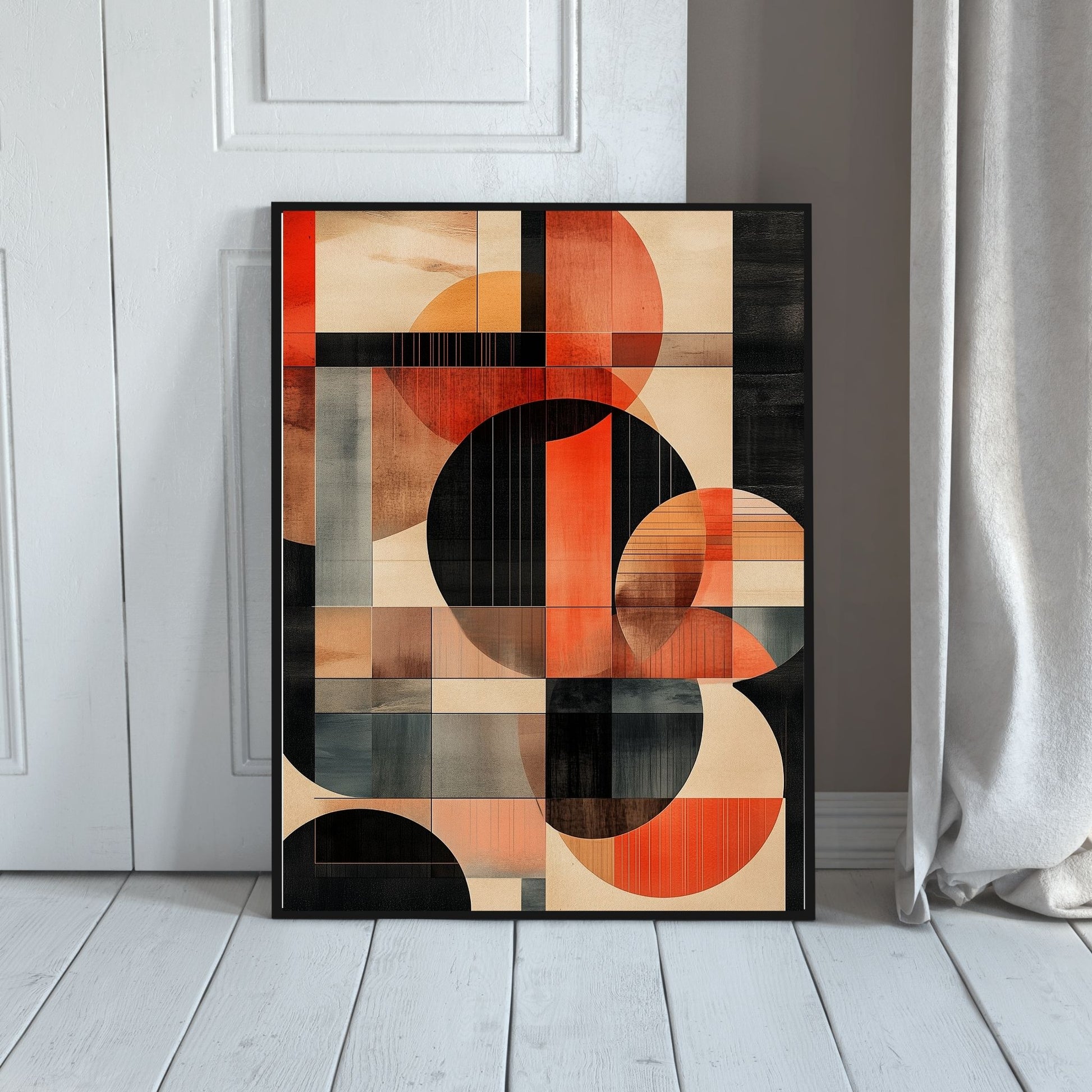 Geometric artwork in warm tones with circular and linear shapes