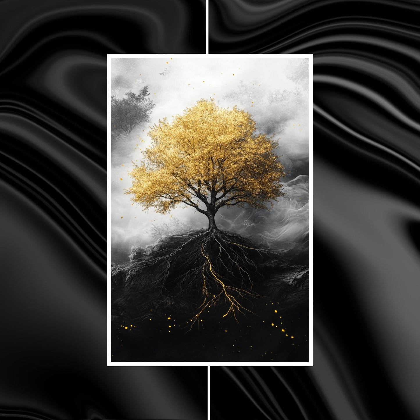 Beautiful black-and-white tree art with gold highlights on leaves and roots