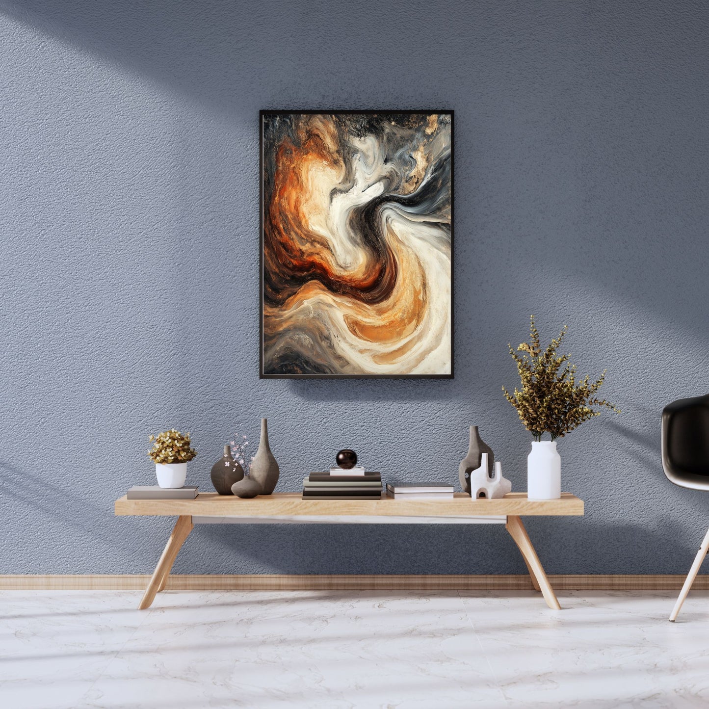 Swirling patterns of gold and earthy tones on canvas art