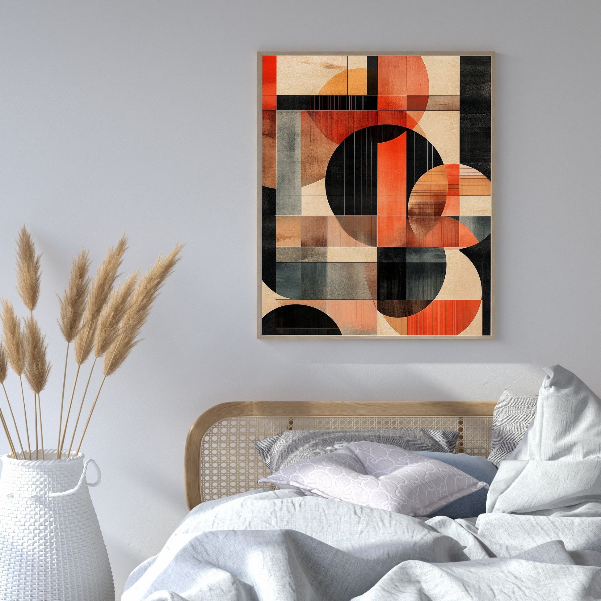 Rustic geometric art with earthy tones and circular patterns