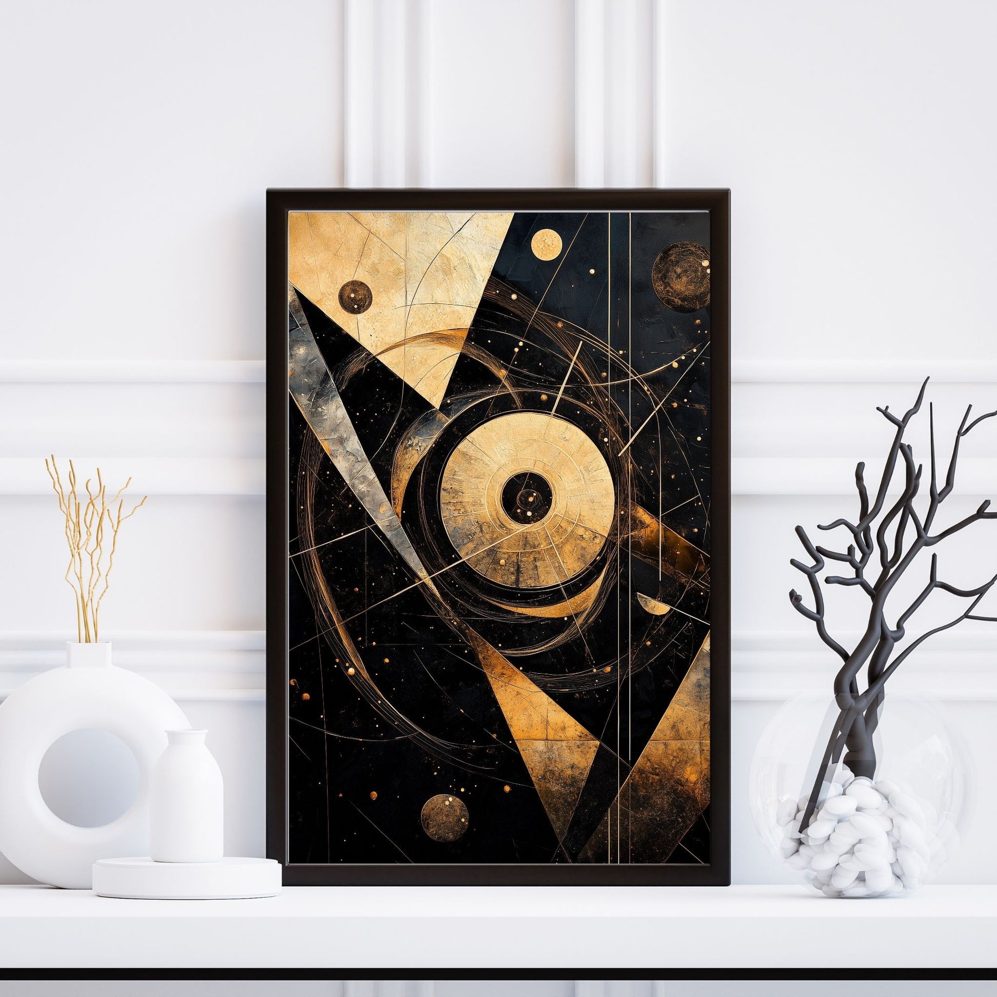 Trendy geometric wall decor with cosmic golden patterns