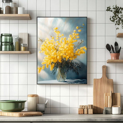 Mimosa flower digital print in vivid yellow, framed by dark green leaves, designed to bring a touch of nature's warmth to your living space