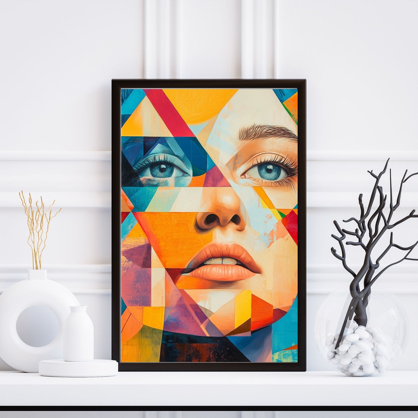 Modern geometric art print of a woman's face in bold hues