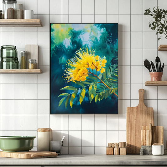 Vibrant mimosa tree art featuring yellow blossoms and green leaves, perfect for adding a sunny touch to your home.