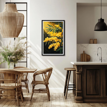 A stunning mimosa art poster featuring golden yellow flowers against a dark backdrop, ideal for adding warmth to any room