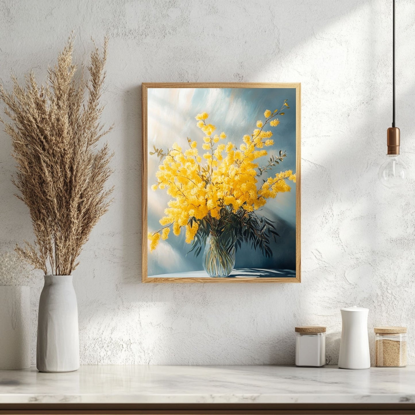 Elegant mimosa wall art featuring a bouquet of golden yellow flowers in a glass vase, illuminated by soft light for a serene effect