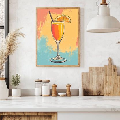 Vibrant mimosa art poster with a tropical drink served in a glass, creating a warm and inviting atmosphere in any home or office space.