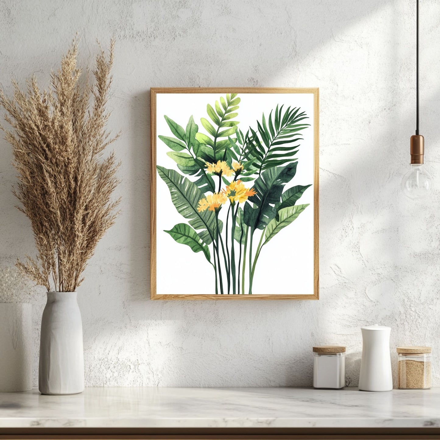 Mimosa art print featuring golden flowers and lush green leaves, bringing nature’s cheerful energy into your home decor