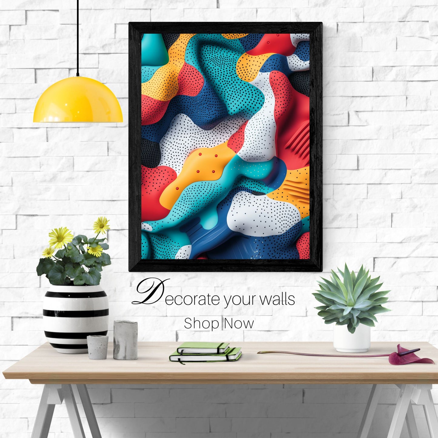 Dynamic abstract art featuring colorful polka-dot patterns