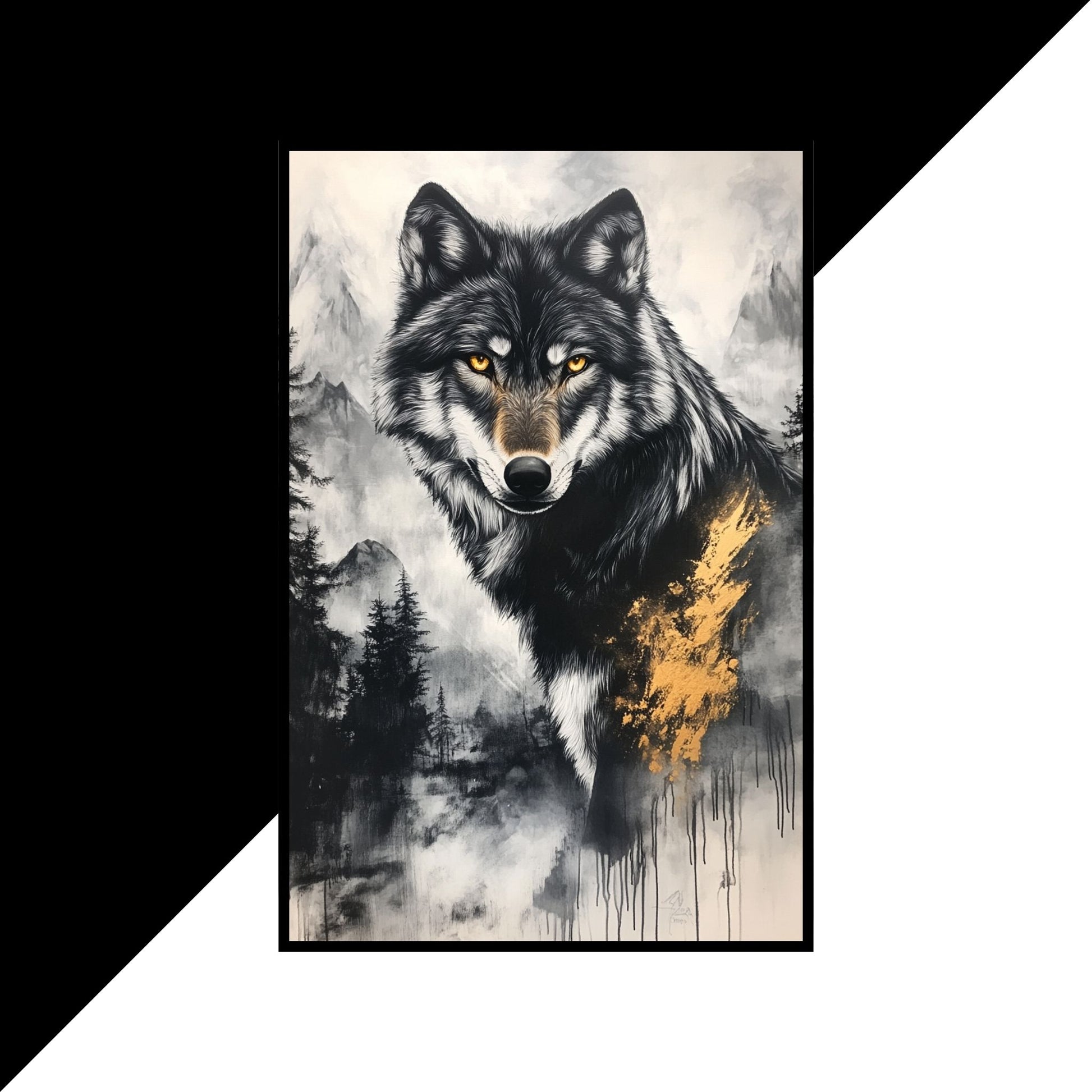 Wolf standing in black-and-white mist with gold elements on the fur