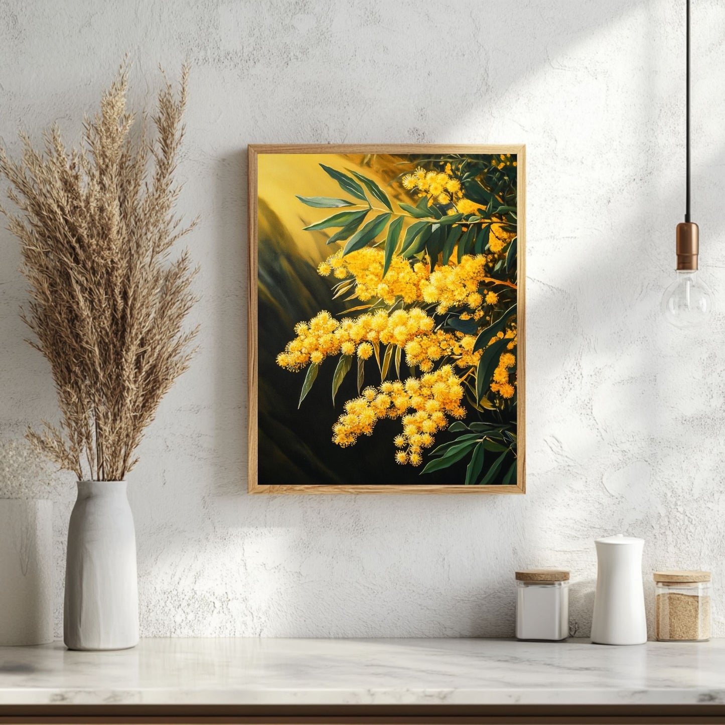 Mimosa digital print with detailed yellow blooms and green leaves, offering a cheerful and vibrant atmosphere for any space