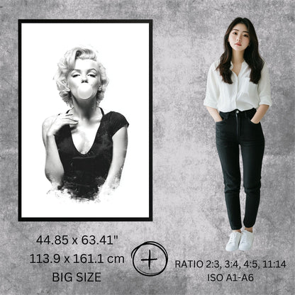 Woman standing next to a framed black and white portrait of a famous actress on a textured wall.