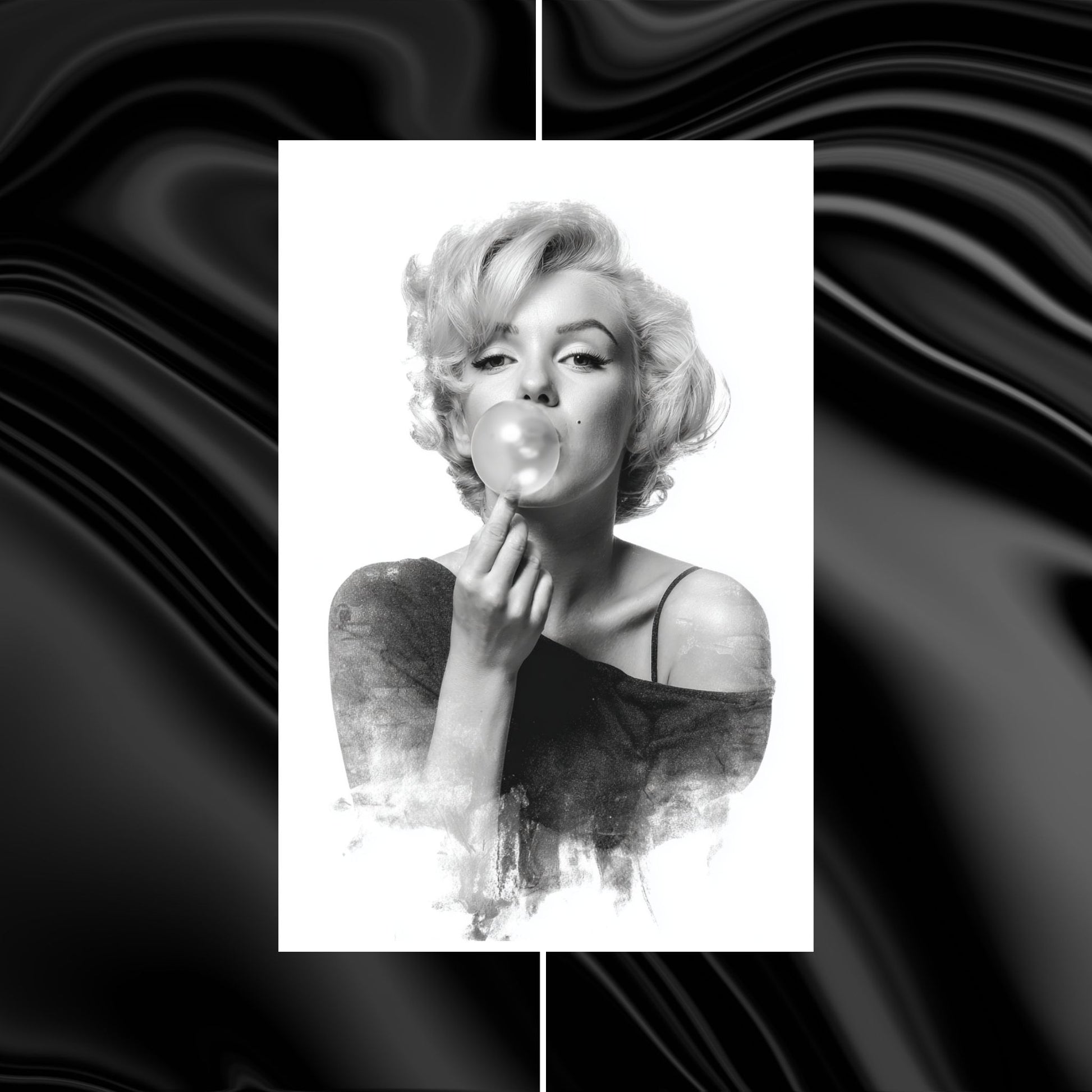 Black and white image of a person blowing a bubble with gum on a black and white abstract background