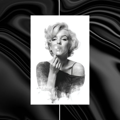 Black and white image of a person blowing a bubble with gum on a black and white abstract background