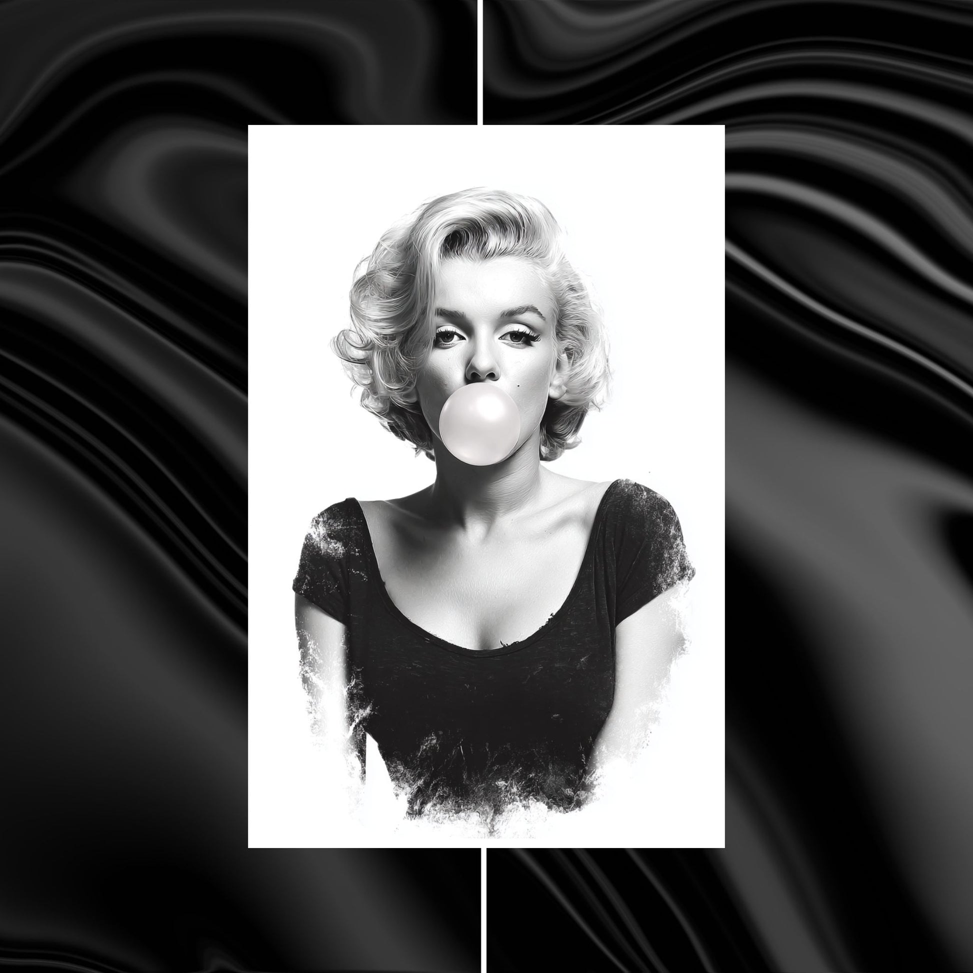 Black and white photo of a person blowing a bubble with gum against a black and white abstract background