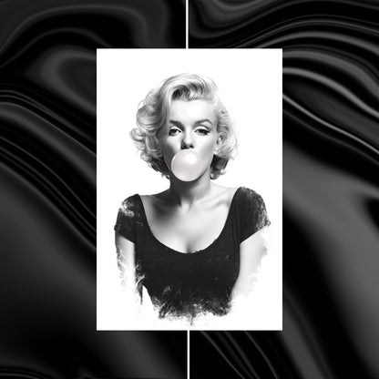 Black and white photo of a person blowing a bubble with gum against a black and white abstract background