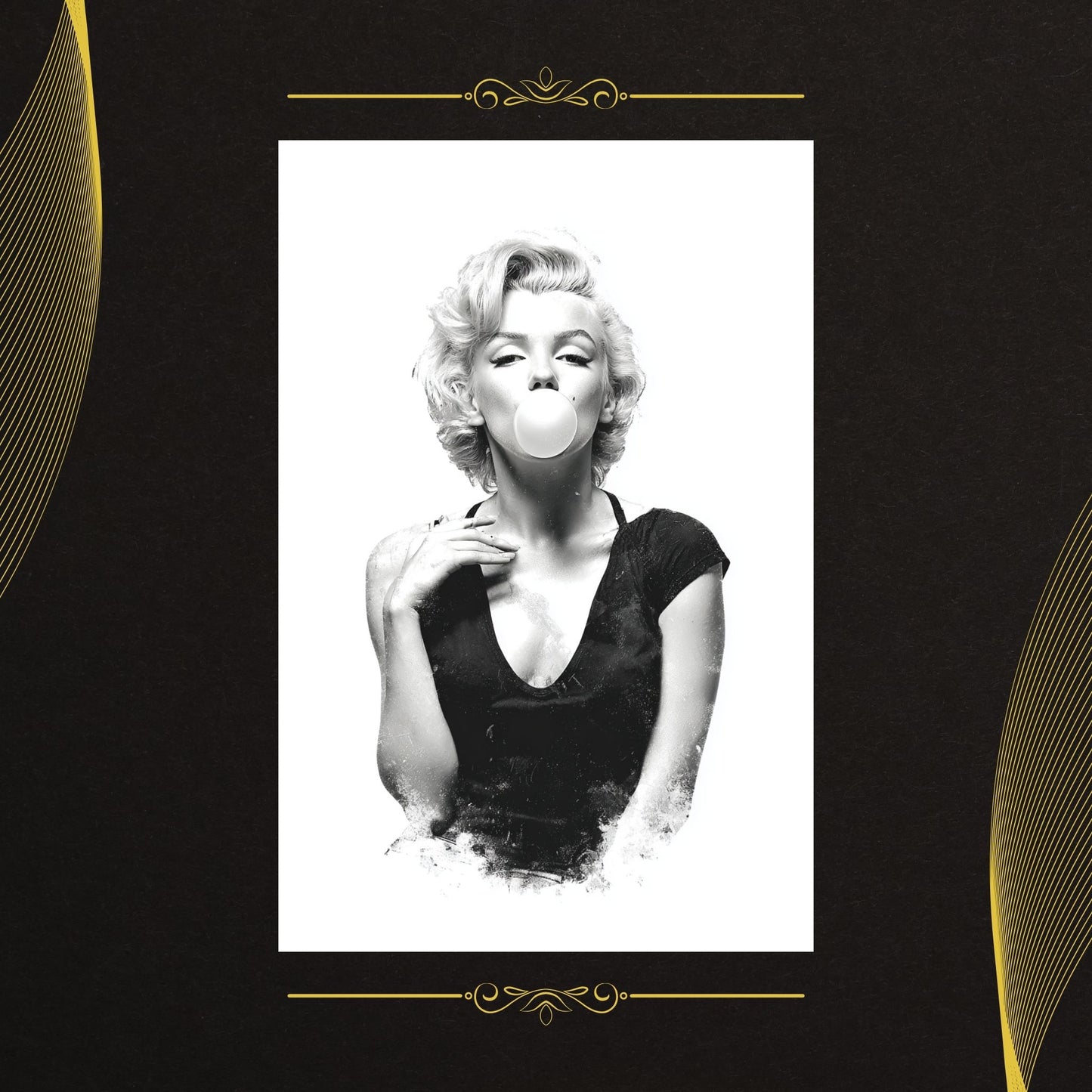 Black and white portrait of a woman blowing a bubble with gum on a decorative black background.