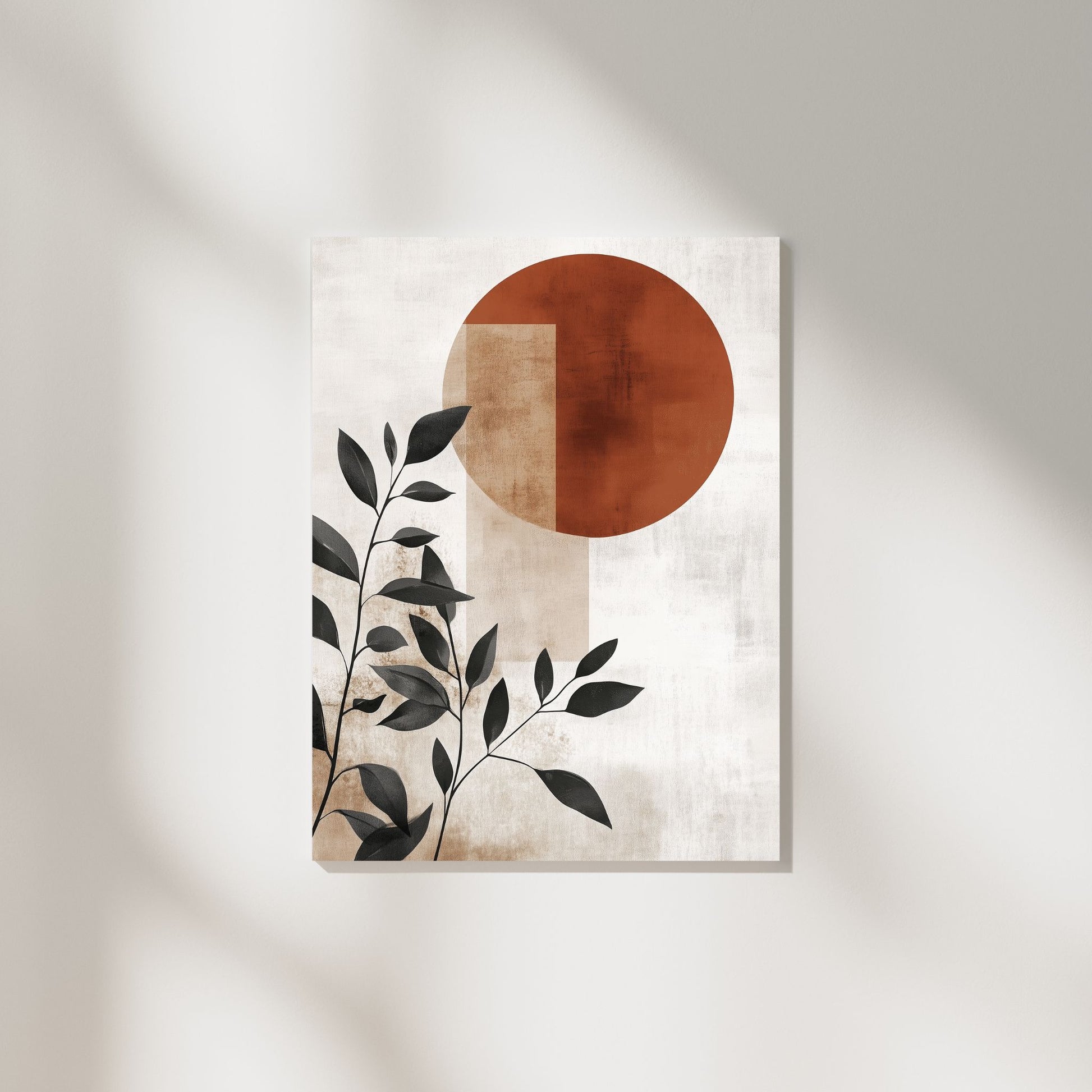 Modern botanical wall decor with geometric shapes and natural tones