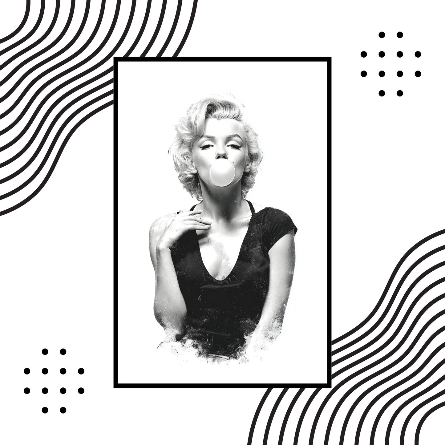 Black and white portrait of a person with abstract black line patterns on a white background