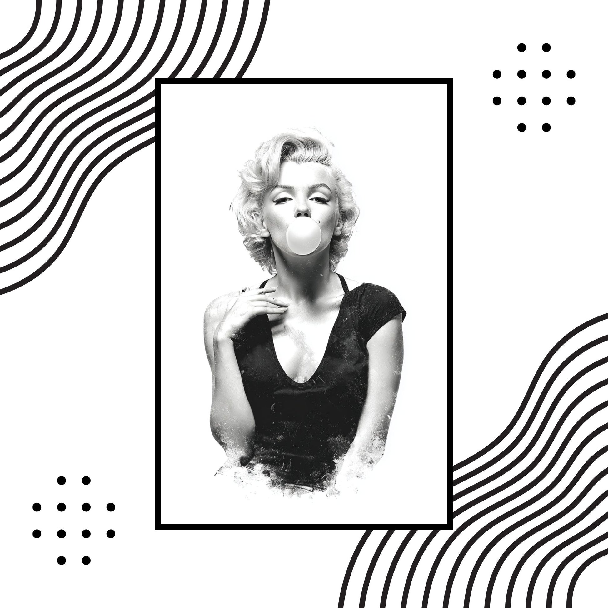 Black and white portrait of a person with abstract black line patterns on a white background