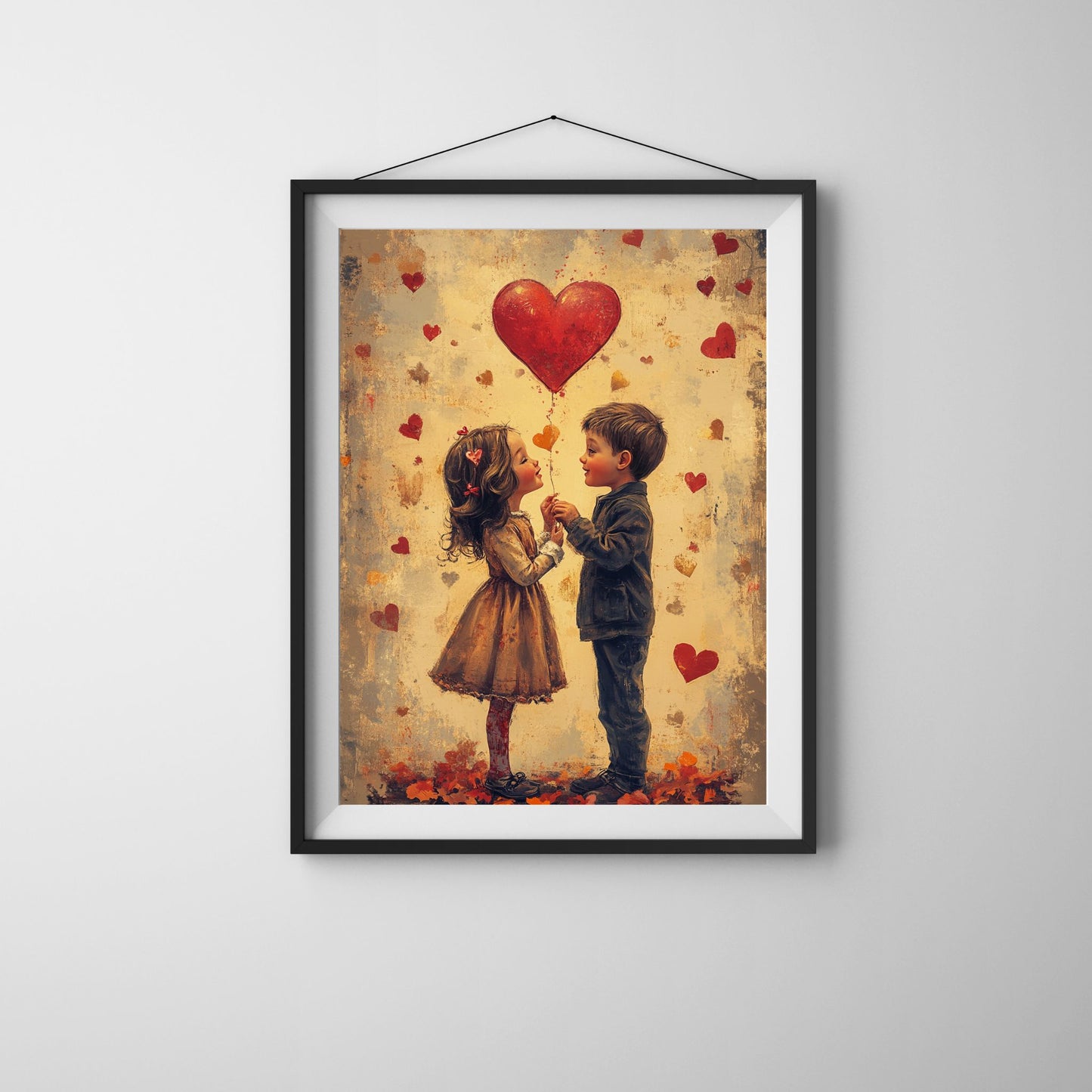 Valentine’s Day wall art with two children holding a heart-shaped balloon.