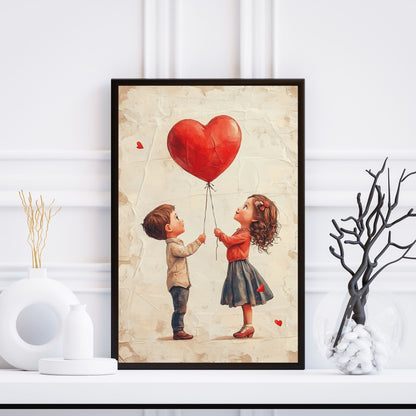 A heartwarming Valentine’s art of two kids sharing a red heart-shaped balloon