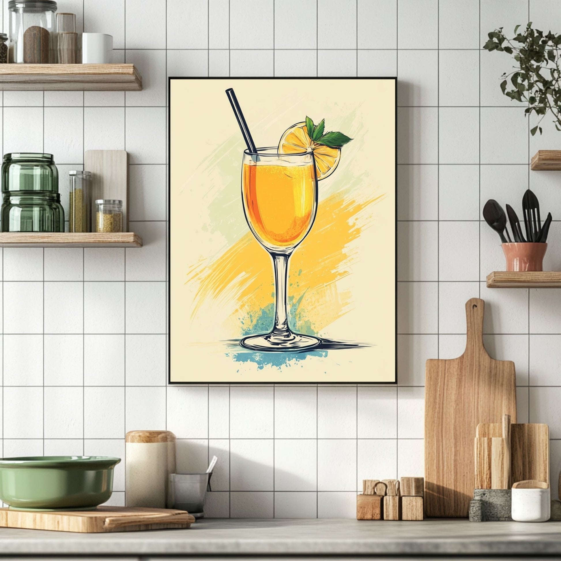 Mimosa cocktail with orange and mint in a playful setting