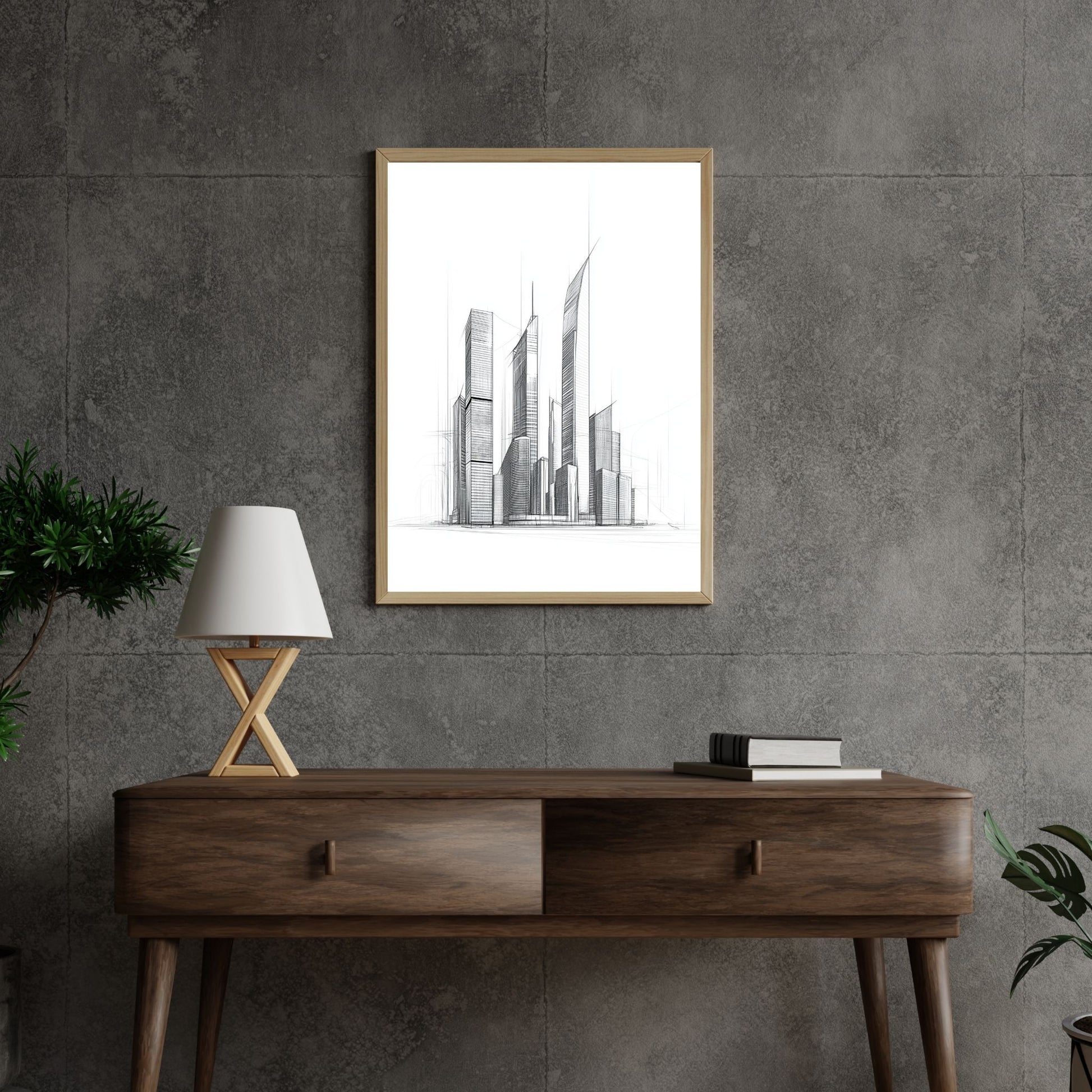 Minimalist cityscape line art, perfect for modern urban wall décor.