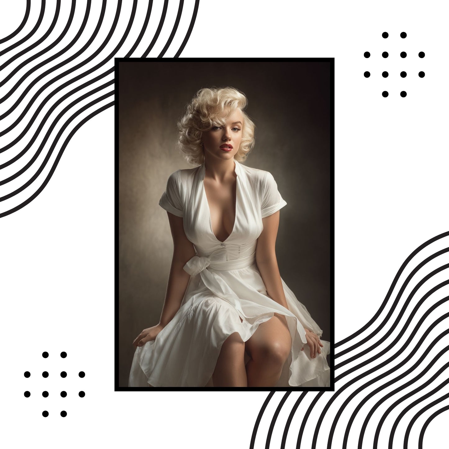 Marilyn Monroe in a white dress with a black and white geometric patterned border
