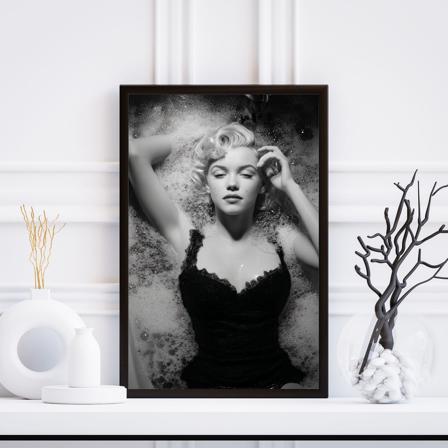 Iconic Marilyn Monroe black and white portrait in soft bathtub moment