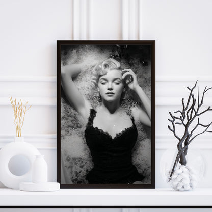 Iconic Marilyn Monroe black and white portrait in soft bathtub moment