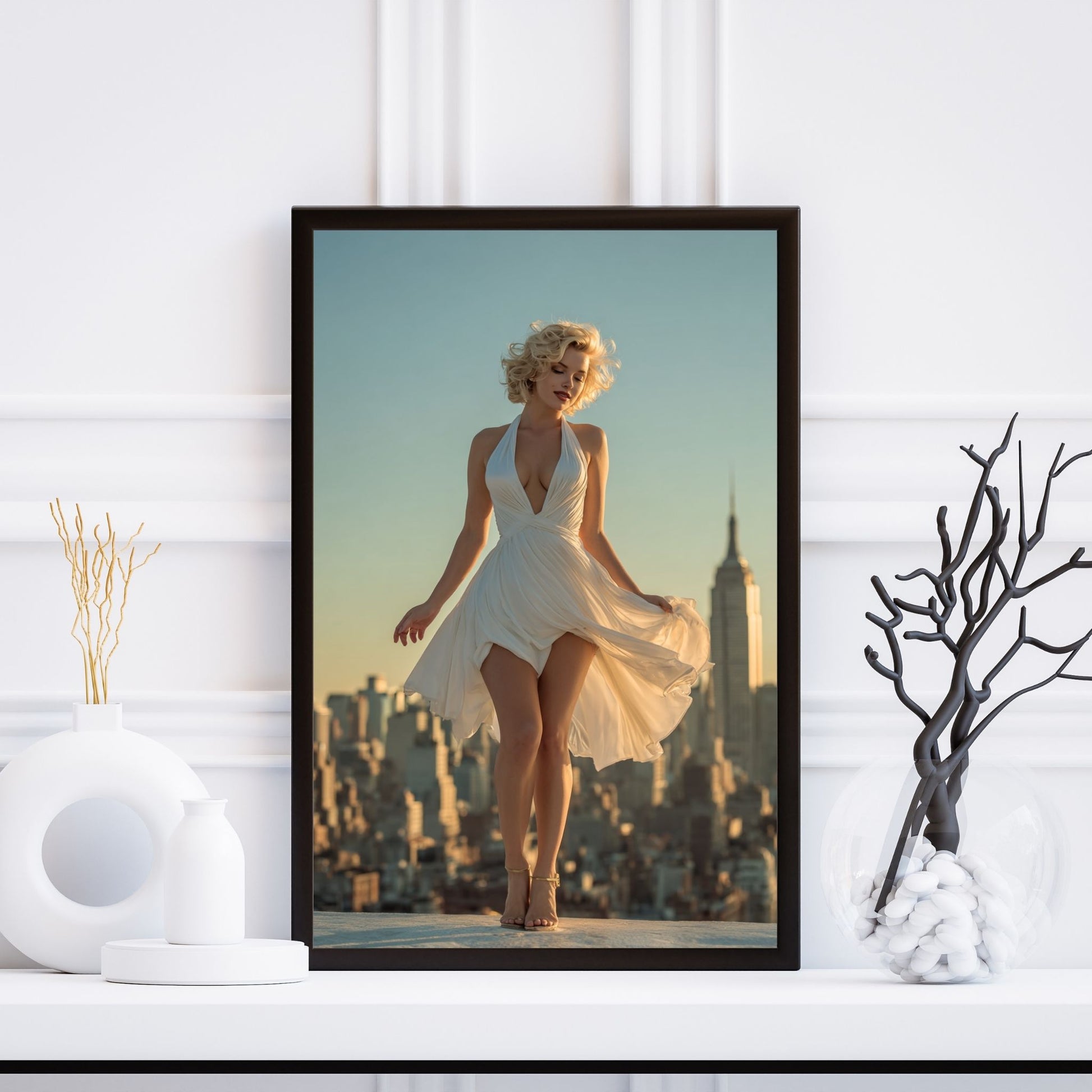 Framed photograph of Marilyn Monroe in a white dress against a city skyline.