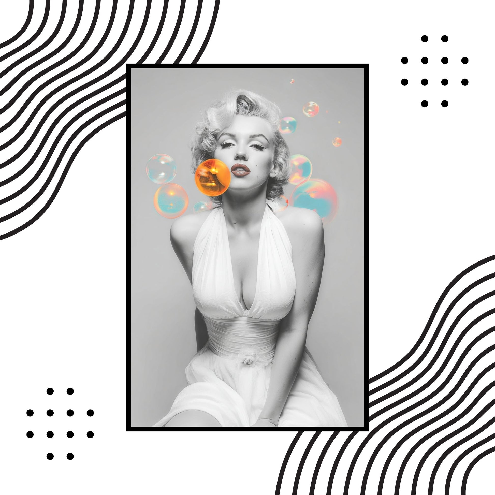 Black and white portrait of a famous actress with decorative elements on a patterned background