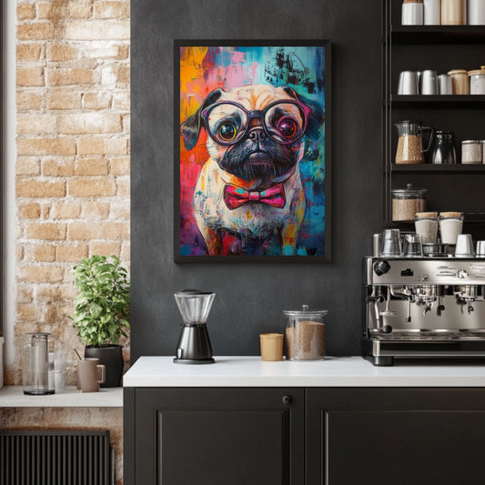 Funny pug art print featuring a stylish pug with glasses and a colorful background.