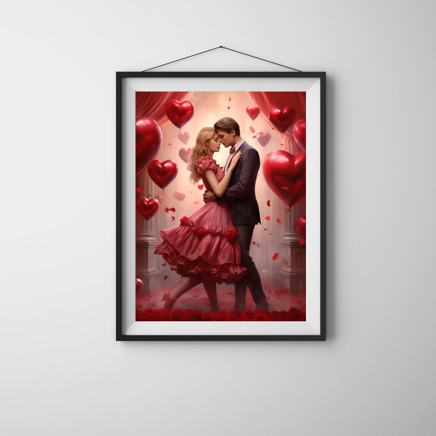 A couple dancing together surrounded by heart-shaped balloons in a romantic Valentine’s setting