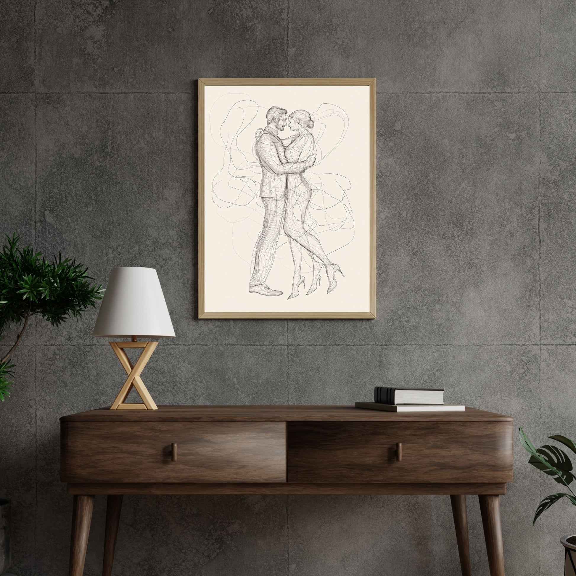 Minimalist design of a couple dancing in smooth line artwork