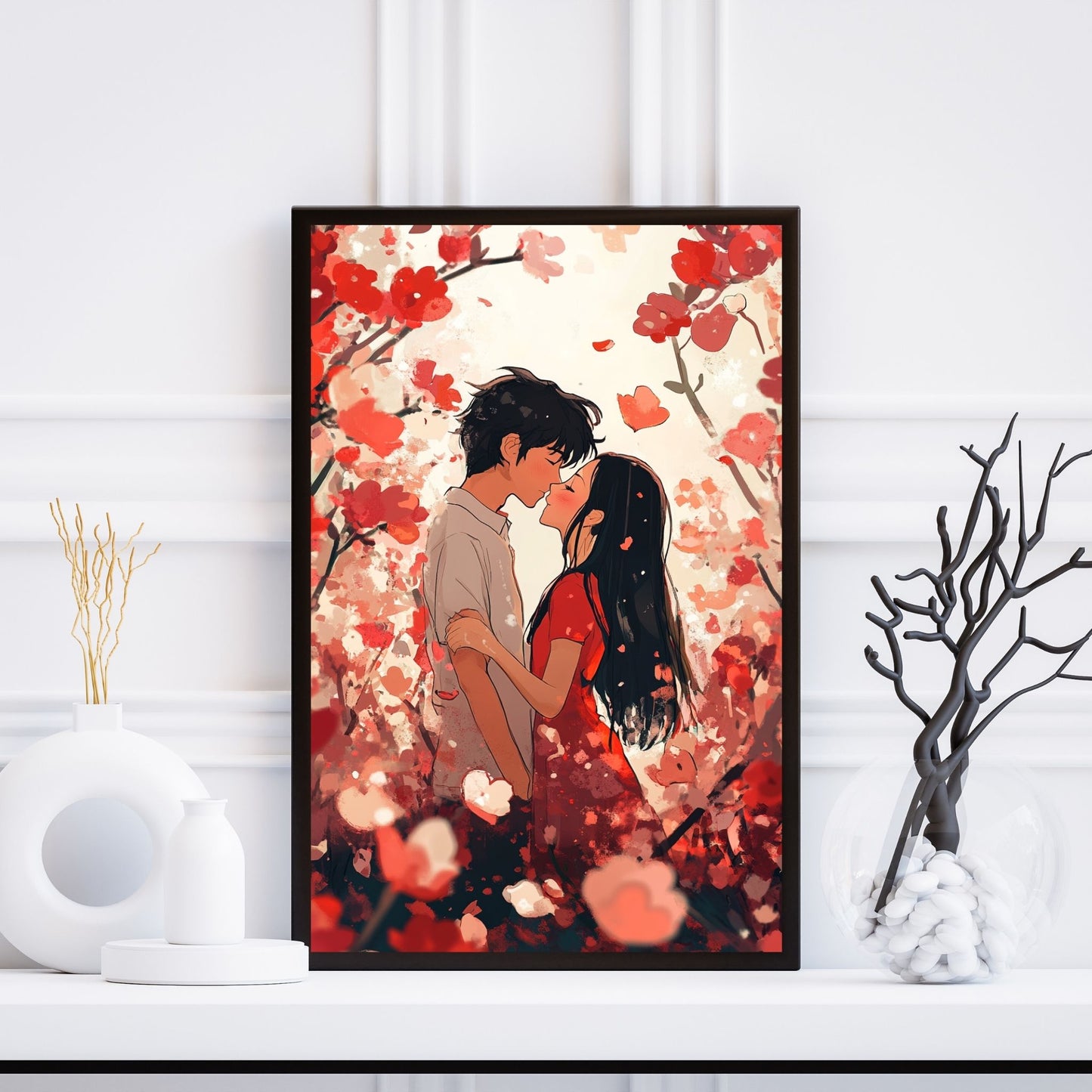 Valentine’s day couple wall art featuring a romantic kiss surrounded by red flowers