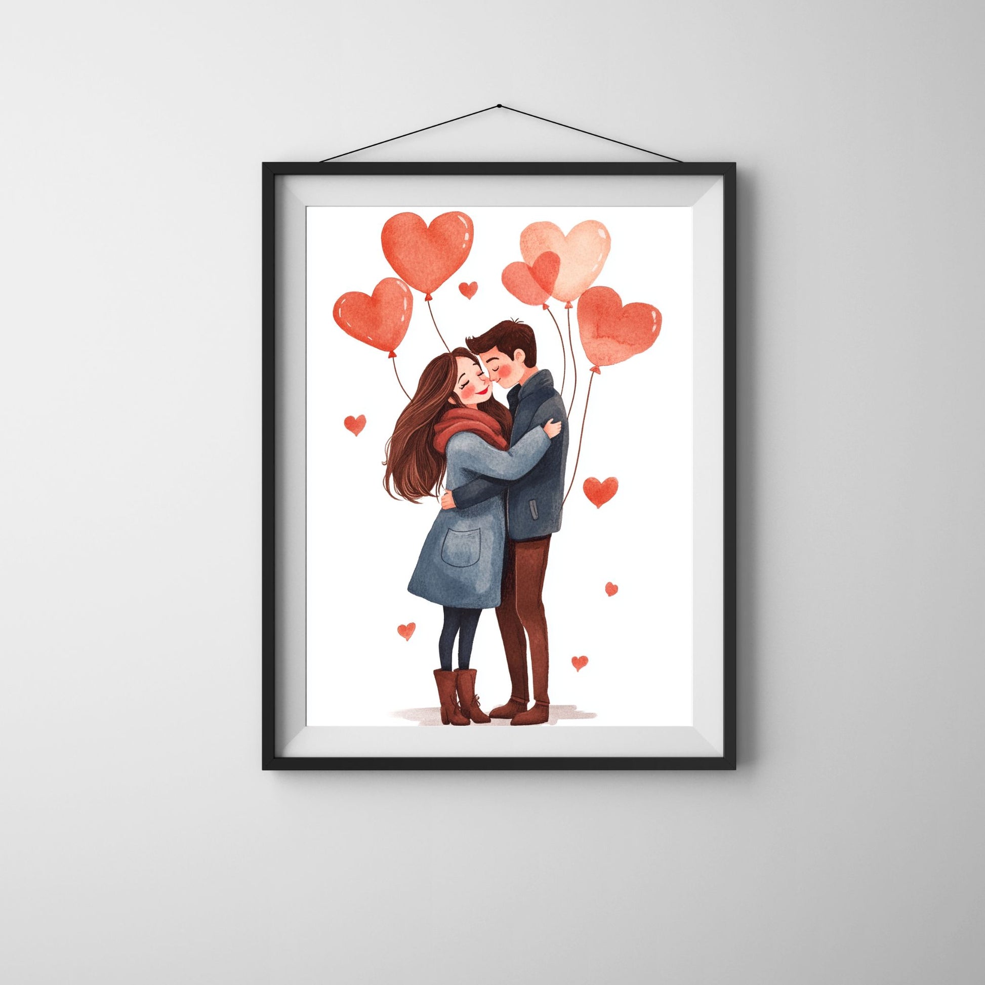 Valentine’s Day couple art with heart balloons and a kiss