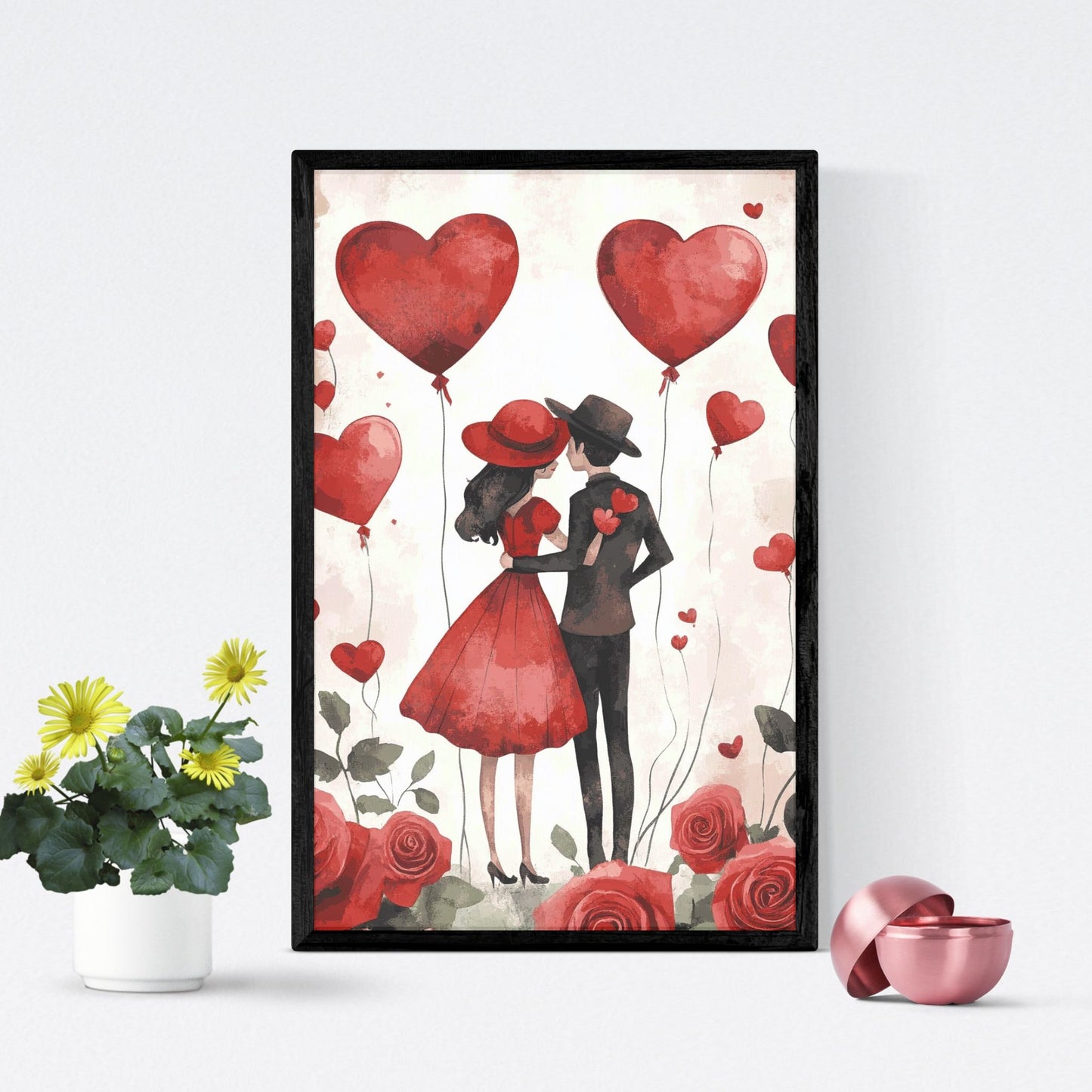 Valentine's Day wall art of a couple surrounded by red heart-shaped balloons and roses