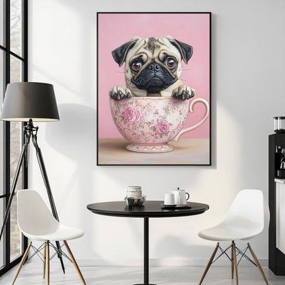 Digital pug print of a cute pug dog in a rose-patterned tea cup