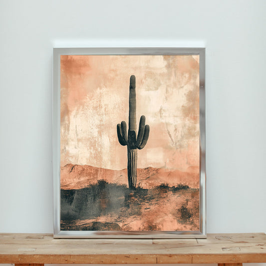 Minimalist cactus botanical artwork featuring a desert landscape in warm tones