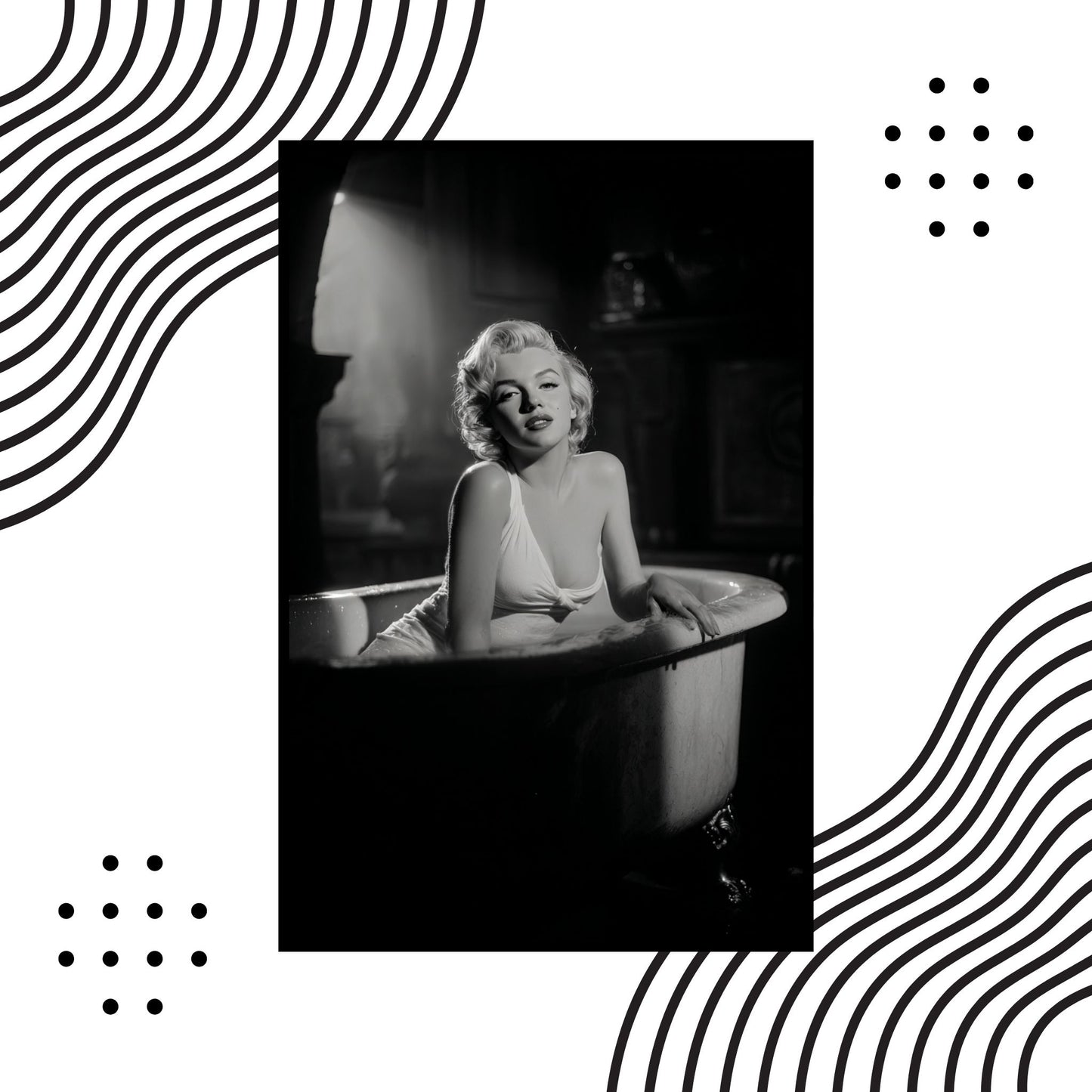 Iconic Marilyn Monroe black and white wall art, intimate setting