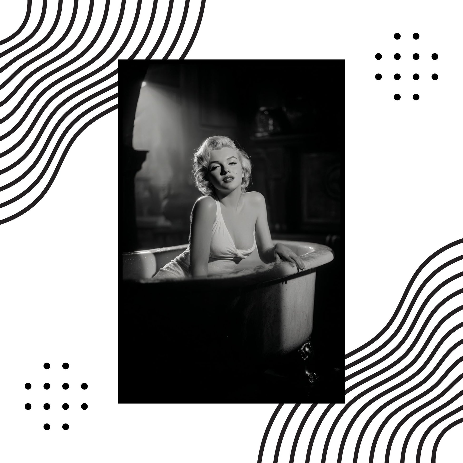 Iconic Marilyn Monroe black and white wall art, intimate setting