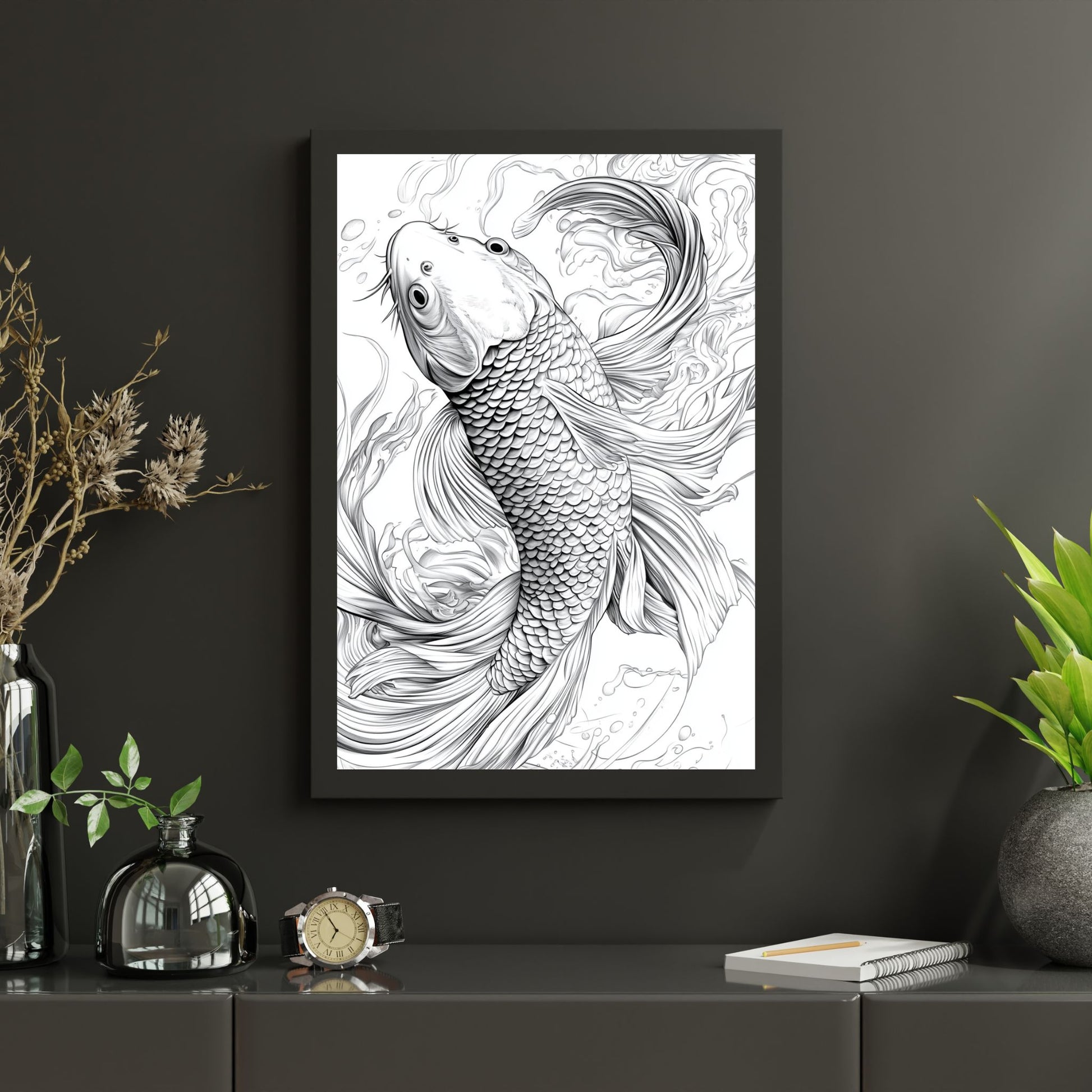 Minimalist fish line art, perfect for aquatic-themed wall décor.