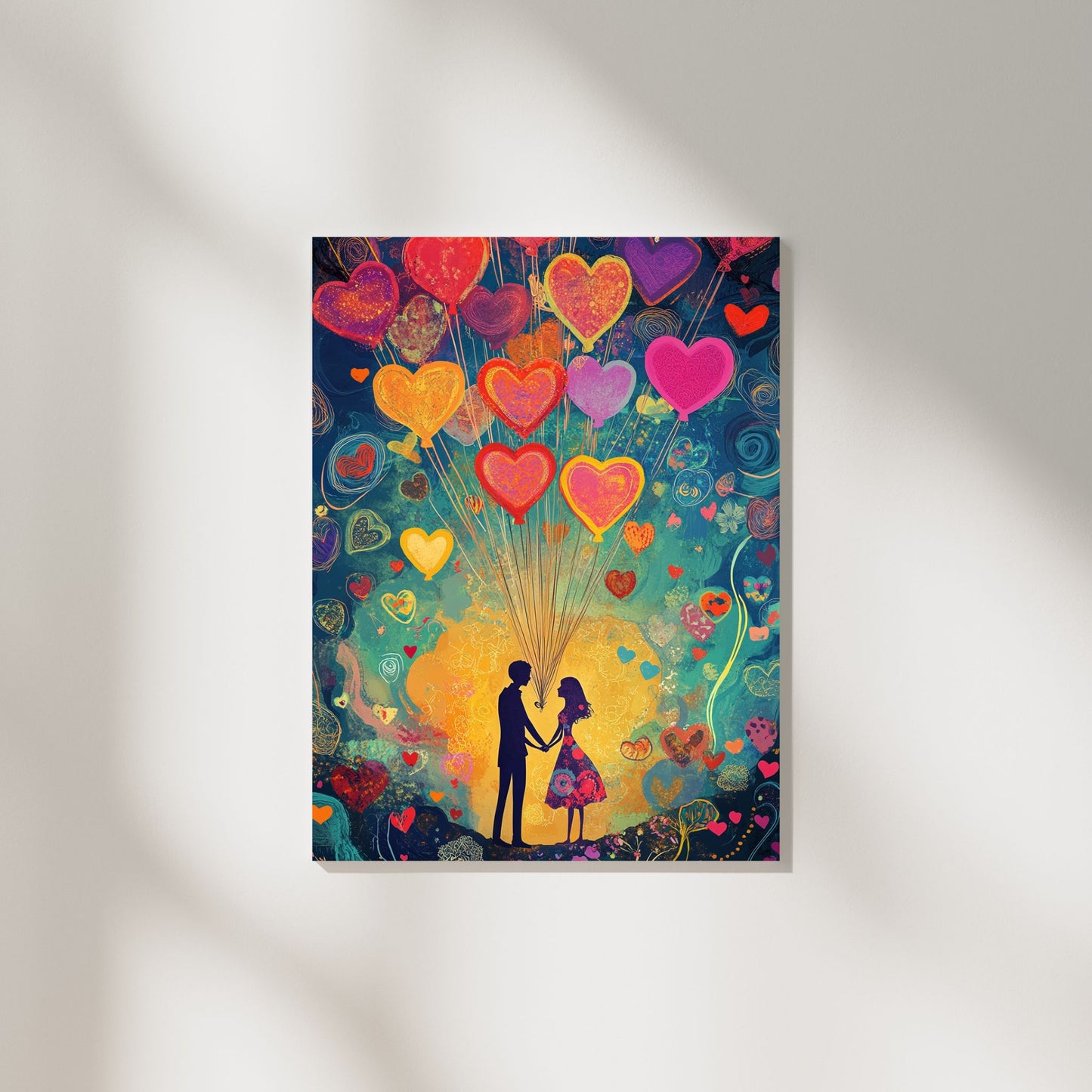 Valentine’s Day art featuring a couple holding hands surrounded by floating heart-shaped balloons