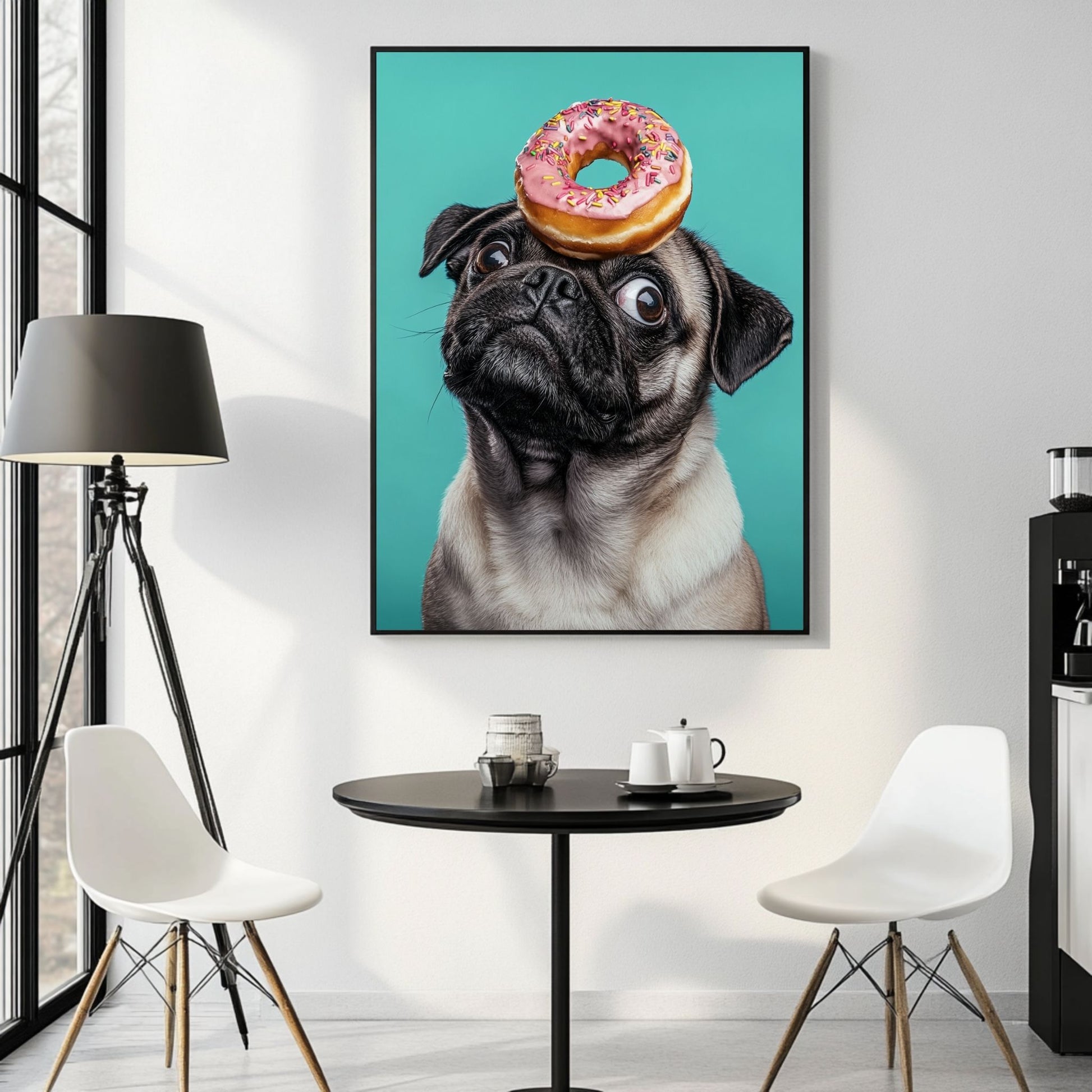 Digital pug print featuring a pug dog balancing a pink donut.