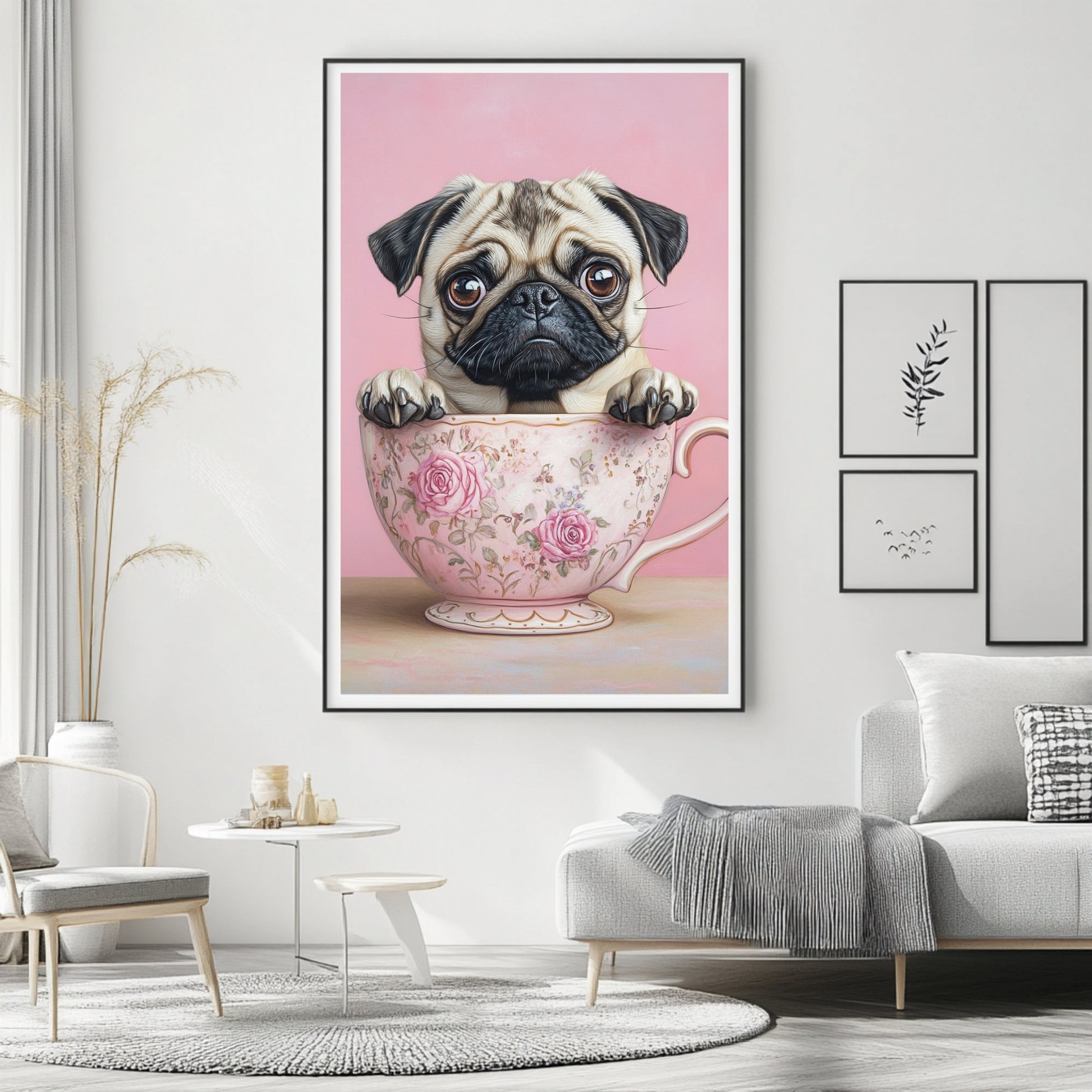 Pug art poster with a charming pug sitting inside a floral tea cup